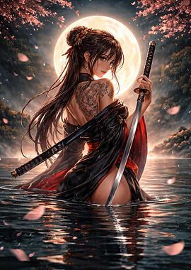 Samurai Woman in Moonlit Water