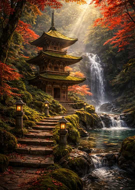 Japanese Pagoda by Waterfall