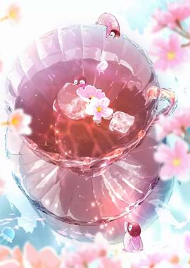 Cute Characters in a Teacup with Cherry Blossoms