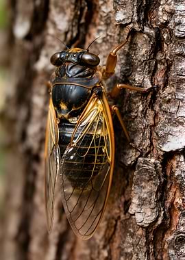 Close-up of a Cicada on Tree Bark