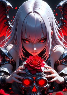 Gothic Anime Girl with Skull and Rose