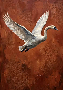 White Swan in Flight with Paisley Background