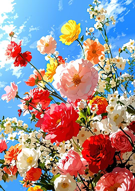 Vibrant Floral Arrangement Against Blue Sky