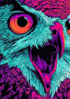Screaming Neon Owl Illustration Art