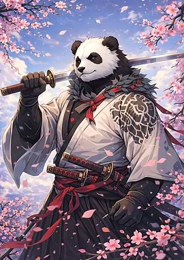Panda Samurai with Cherry Blossoms