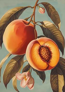Peaches on a Branch with Blossoms