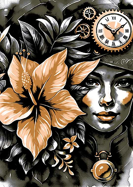 Steampunk Woman with Flowers and Clock