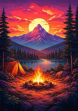 Camping by a Mountain Lake at Sunset