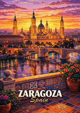 Zaragoza Spain Cityscape at Sunset