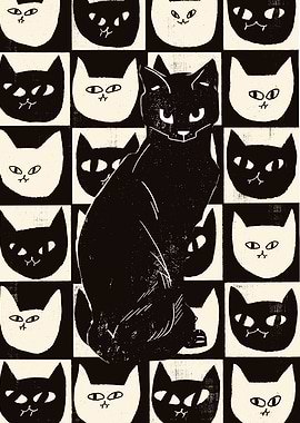 Black Cat Amidst Cat Faces Pattern