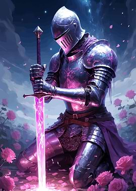 Knight with Glowing Sword and Roses