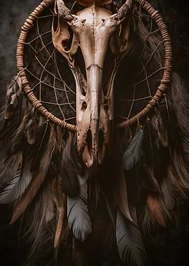 Dreamcatcher with Animal Skull and Feathers