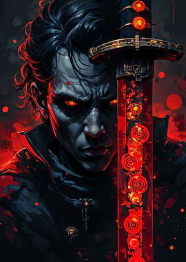 Dark Warrior with Glowing Eyes and Katana