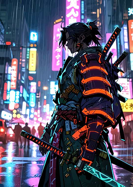 Cyberpunk Samurai in Neon City