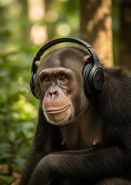 Chimpanzee wearing headphones in forest