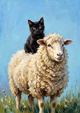 Black Cat Riding a Sheep