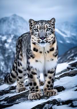 Snow Leopard in Snowy Mountains