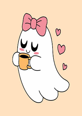 Cute Ghost with Coffee and Hearts