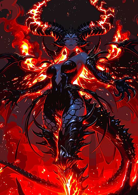 Fiery Demoness with Horns and Wings
