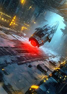 Spaceship in a Futuristic Icy Canyon