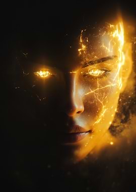 Golden Energy Awakening – Cinematic Portrait Art, Dark Aesthetic, Glowing Eyes, Surreal Face Artwork