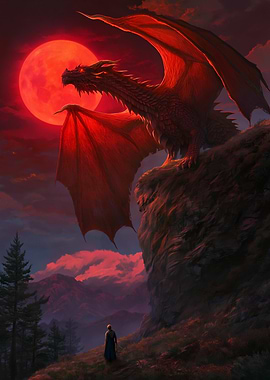 Dragon and Human Under Red Moon