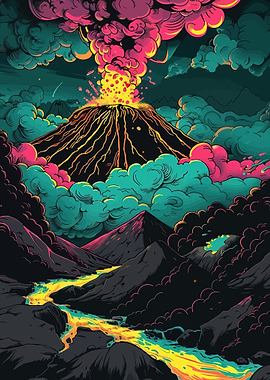 Volcano Eruption with Lava River