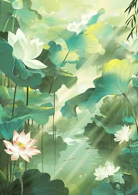 Serene Lotus Pond with Sunbeams