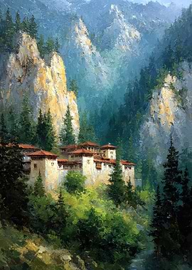 Monastery nestled in a mountain valley