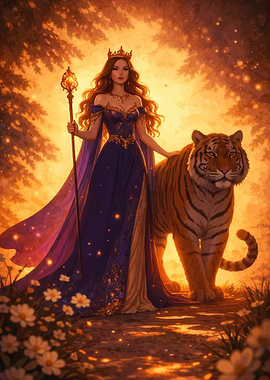 Queen with Tiger in Enchanted Forest