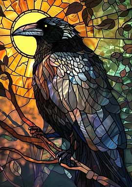 Stained Glass Raven and Sun