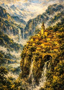 Village on a Cliffside with Waterfalls