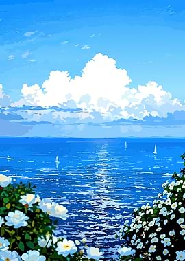 Serene Ocean View with White Flowers