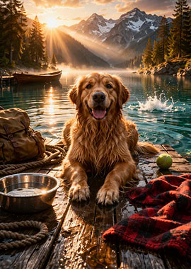 Golden Retriever by a Mountain Lake