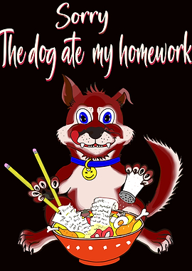 Dog eating homework in ramen bowl