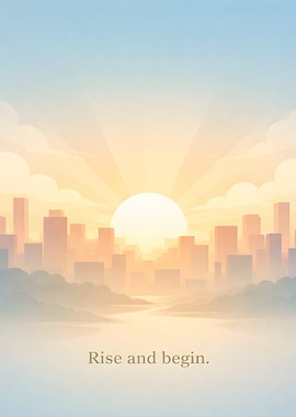 Sunrise over a misty cityscape