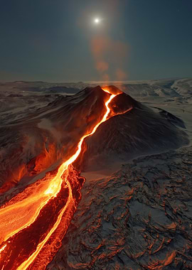 Volcano Erupting Lava Under Moonlit Sky