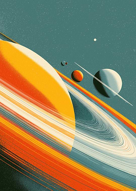Retro Space Planets and Rings