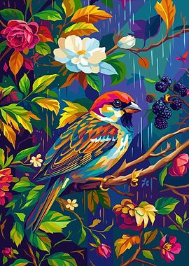 Colorful Bird in a Rainy Garden
