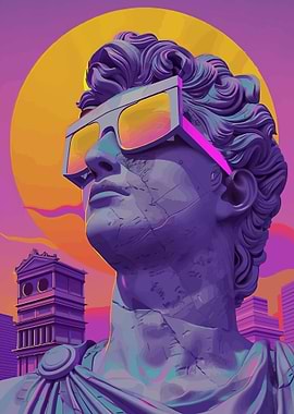 Statue with Sunglasses and Cityscape