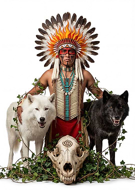Native American Man with Wolves and Skull