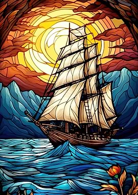 Stained Glass Sailboat at Sunset