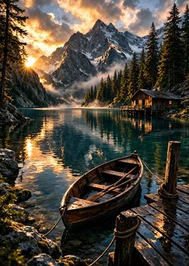 Mountain Lake Sunrise with Boat