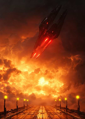 Sci-fi Spaceship over Fiery Clouds