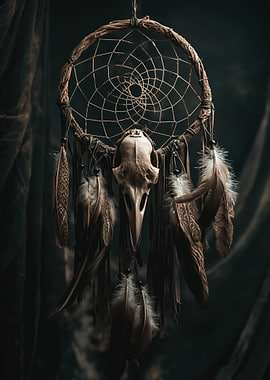 Dreamcatcher with Bird Skull and Feathers