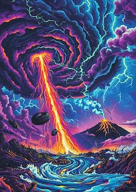 Apocalyptic Landscape with Volcano and Lightning