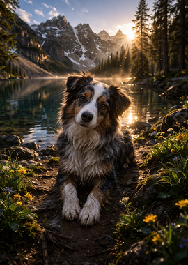 Dog by a Mountain Lake at Sunrise
