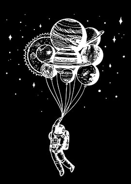Astronaut floating with planet balloons
