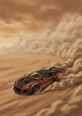 Red sports car drifting in desert