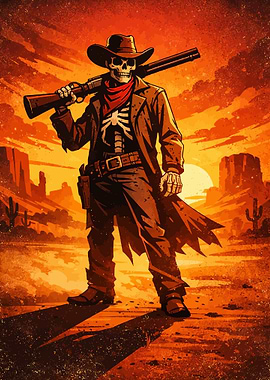 Skeleton Cowboy in Desert Sunset